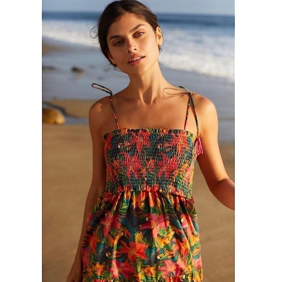 FARM RIO Tropical Floral Square Neck Ruched‎ Sleeveless Ruffle Tier Midi Dress S - Picture 6 of 8